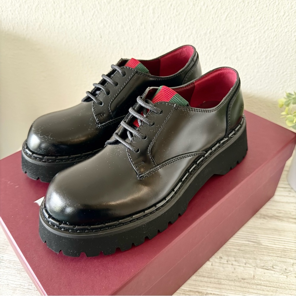New Gucci women leather lace-up loafers shoes with Web, size 37.5, US 7.5, black